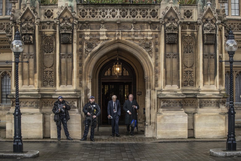 The "Peers Entrance" to the Houses of Parliament in London.
